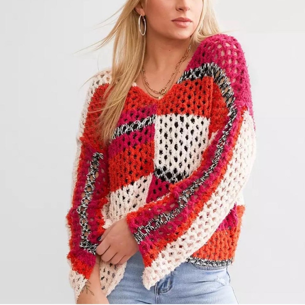 Willow & Root Boho Open Knit Crochet‎ Sweater Sz L Oversized Boxy Artsy Eclectic